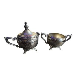 Vintage Silver Tone Creamer & Sugar Bowl Set with Lid Footed Unmarked